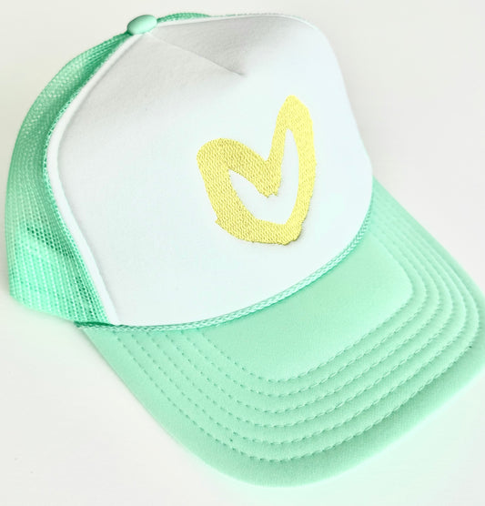 Carrie Song X TMS Heart Trucker Hat - Lt Green / Yellow