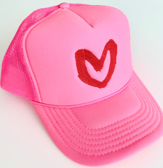 Carrie Song X TMS Heart Trucker Hat - Neon Pink / Red